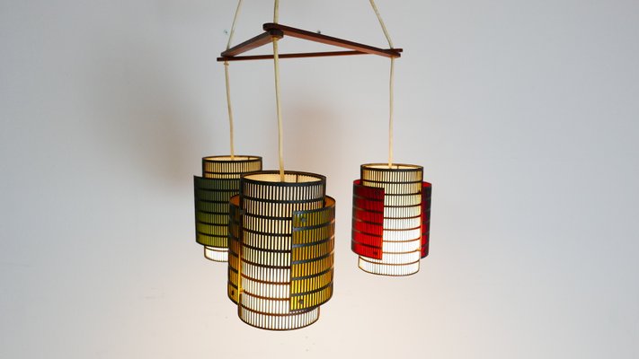 Teak and Metal Triangle Ceiling Lamp with Colored Cylinders, 1970s-KK-1076299