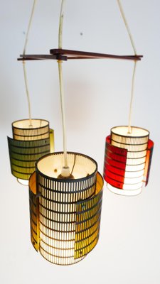 Teak and Metal Triangle Ceiling Lamp with Colored Cylinders, 1970s-KK-1076299