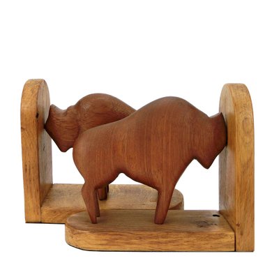 Teak and Oak Buffalo / Bison Bookends, 1960s, Set of 2-QBR-1320116