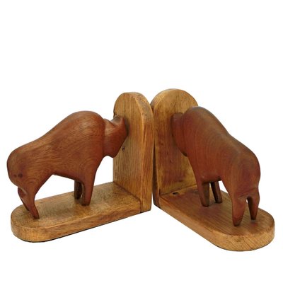 Teak and Oak Buffalo / Bison Bookends, 1960s, Set of 2-QBR-1320116