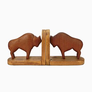 Teak and Oak Buffalo / Bison Bookends, 1960s, Set of 2-QBR-1320116