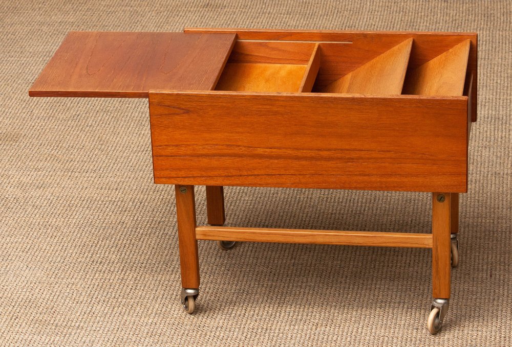 Teak and Oak Side Table with Magazine Storage and Sliding Top, Denmark, 1960s