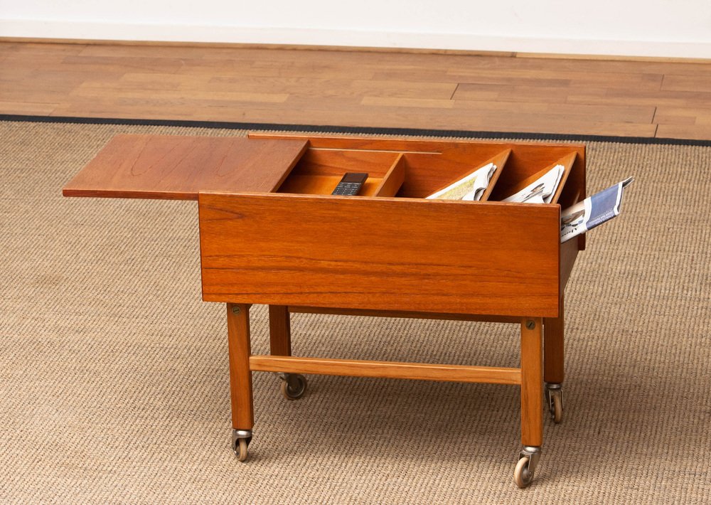 Teak and Oak Side Table with Magazine Storage and Sliding Top, Denmark, 1960s