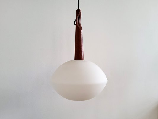 Teak and Opaline Glass Pendant Lamp by Uno and Östen Kristiansson for Luxus, Sweden, 1950s-NV-1095731