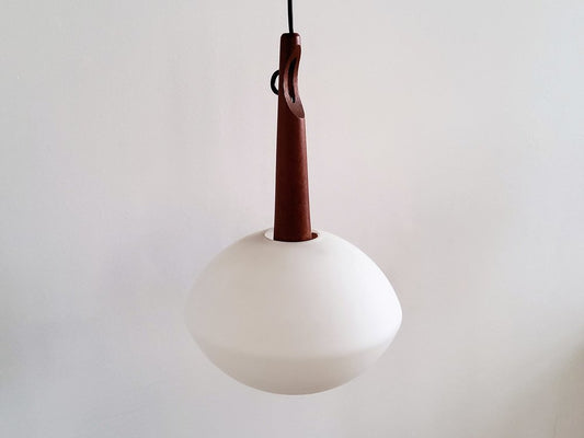 Teak and Opaline Glass Pendant Lamp by Uno and Östen Kristiansson for Luxus, Sweden, 1950s