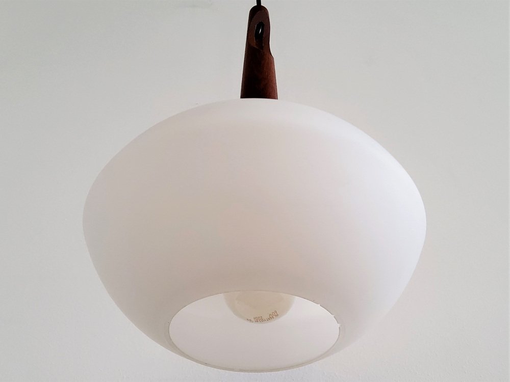 Teak and Opaline Glass Pendant Lamp by Uno and Östen Kristiansson for Luxus, Sweden, 1950s