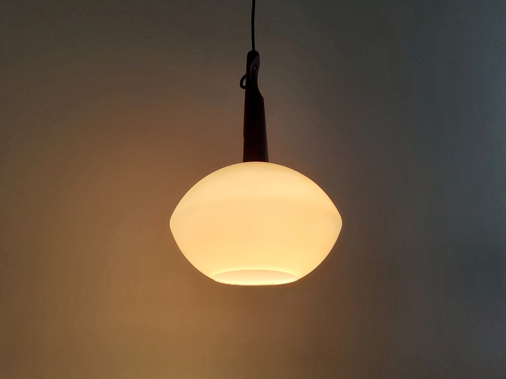 Teak and Opaline Glass Pendant Lamp by Uno and Östen Kristiansson for Luxus, Sweden, 1950s