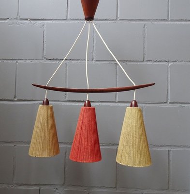 Teak and Sisal Ceiling Lamp in Beige and Dark Red from Temde, 1960s-POM-828026