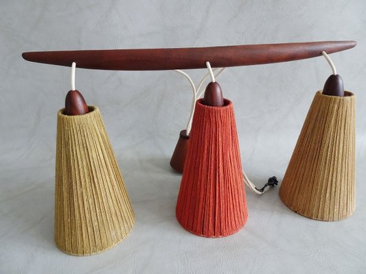 Teak and Sisal Ceiling Lamp in Beige and Dark Red from Temde, 1960s-POM-828026