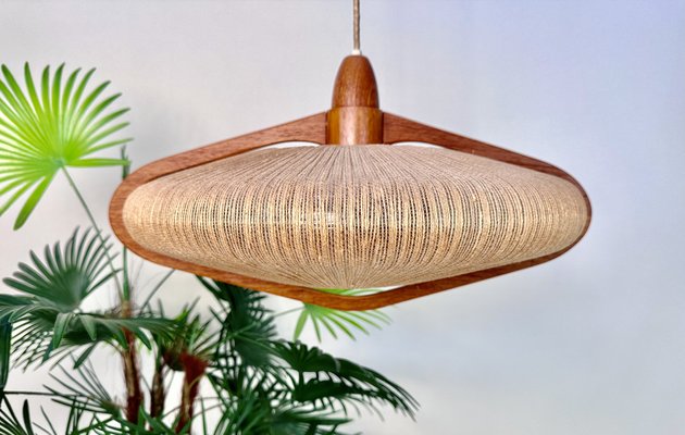 Teak and Sisal Cord Weave Hanging Lamp from Temde Leuchten, 1960s-JP-1820958