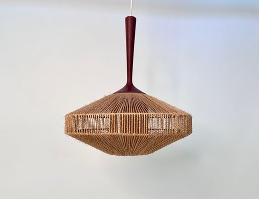 Teak and Sisal Cord Weave Hanging Lamp from Temde Leuchten, Germany, 1950s-JP-1805292