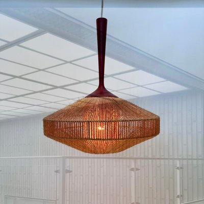 Teak and Sisal Cord Weave Hanging Lamp from Temde Leuchten, Germany, 1950s-JP-1805292