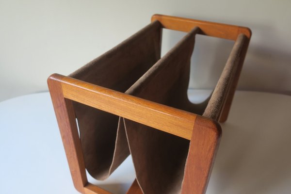 Teak and Suede Leather Magazine Rack by Aksel Kjersgaard, Denmark, 1960s-ED-2035674