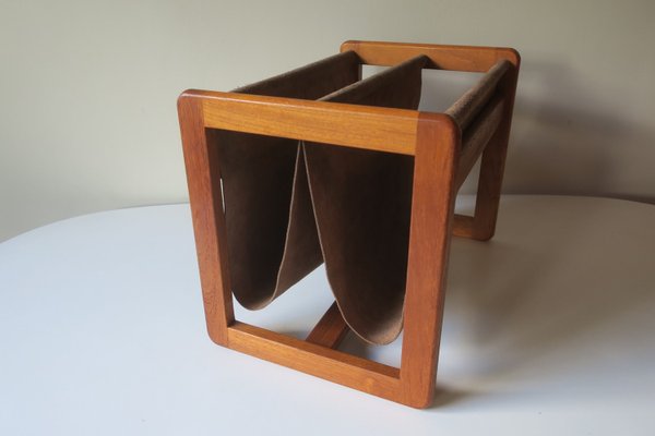 Teak and Suede Leather Magazine Rack by Aksel Kjersgaard, Denmark, 1960s-ED-2035674