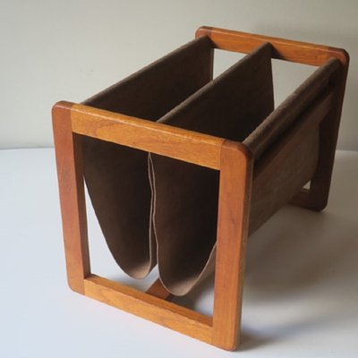 Teak and Suede Leather Magazine Rack by Aksel Kjersgaard, Denmark, 1960s-ED-2035674