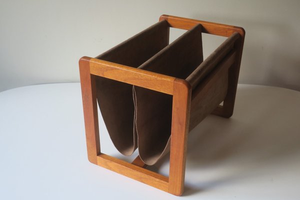 Teak and Suede Leather Magazine Rack by Aksel Kjersgaard, Denmark, 1960s-ED-2035674