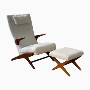 Teak and White Bouclé Lounge Chair & Ottoman by Fredrik A. Kayser for Vatne, Norway, 1960s, Set of 2-WSA-1342939