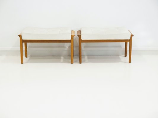 Teak and White Leather Upholstered Ottomans, 1960s, Set of 2-ZYF-1402453