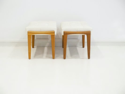 Teak and White Leather Upholstered Ottomans, 1960s, Set of 2-ZYF-1402453