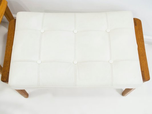 Teak and White Leather Upholstered Ottomans, 1960s, Set of 2-ZYF-1402453