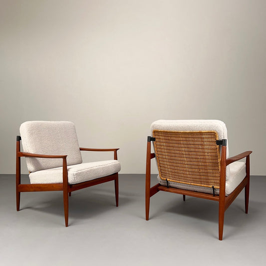 Teak Armchairs with Rattan Backrests & Bouclé Covers by Carl Straub / Goldfeder, Germany 1960s, Set of 2