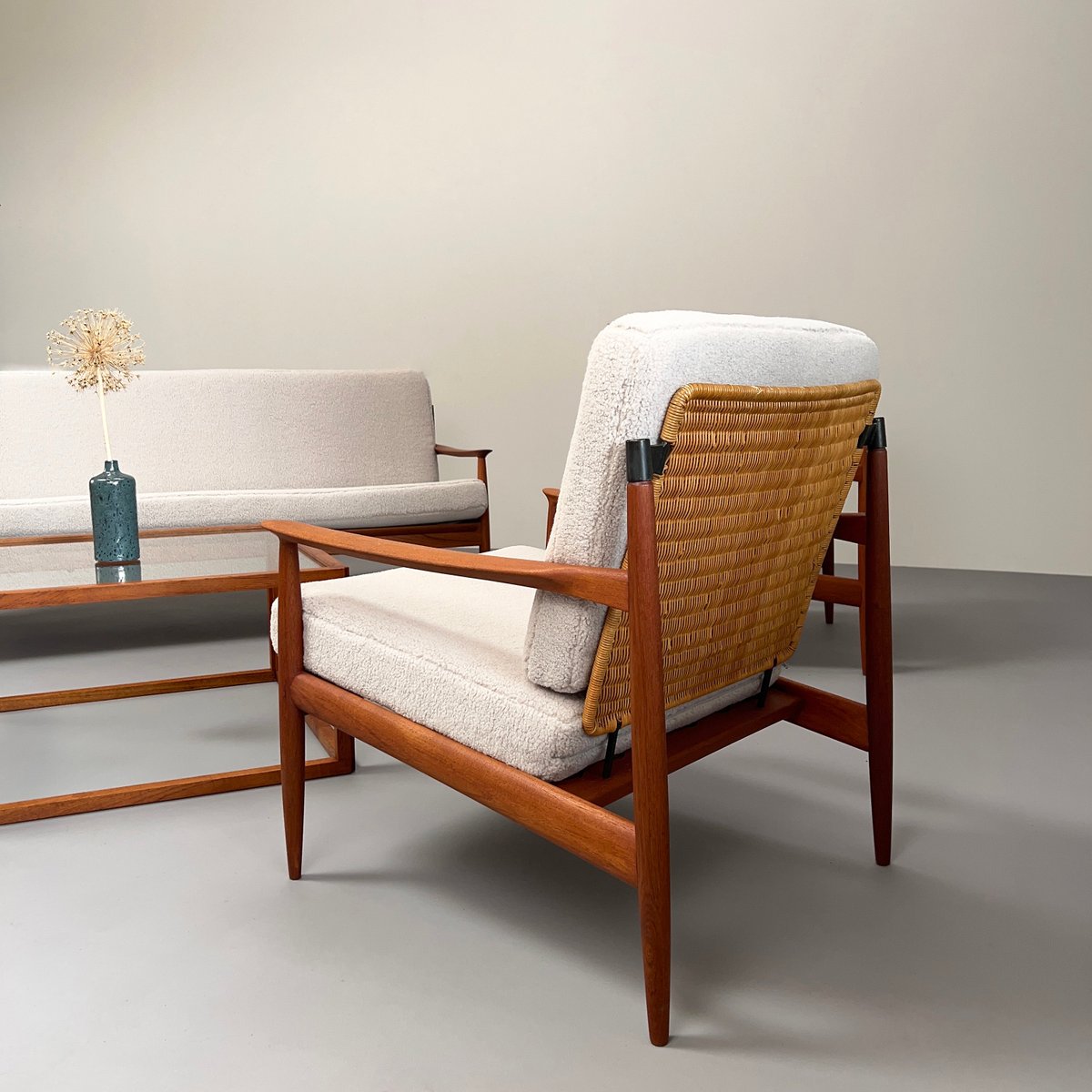 Teak Armchairs with Rattan Backrests & Bouclé Covers by Carl Straub / Goldfeder, Germany 1960s, Set of 2