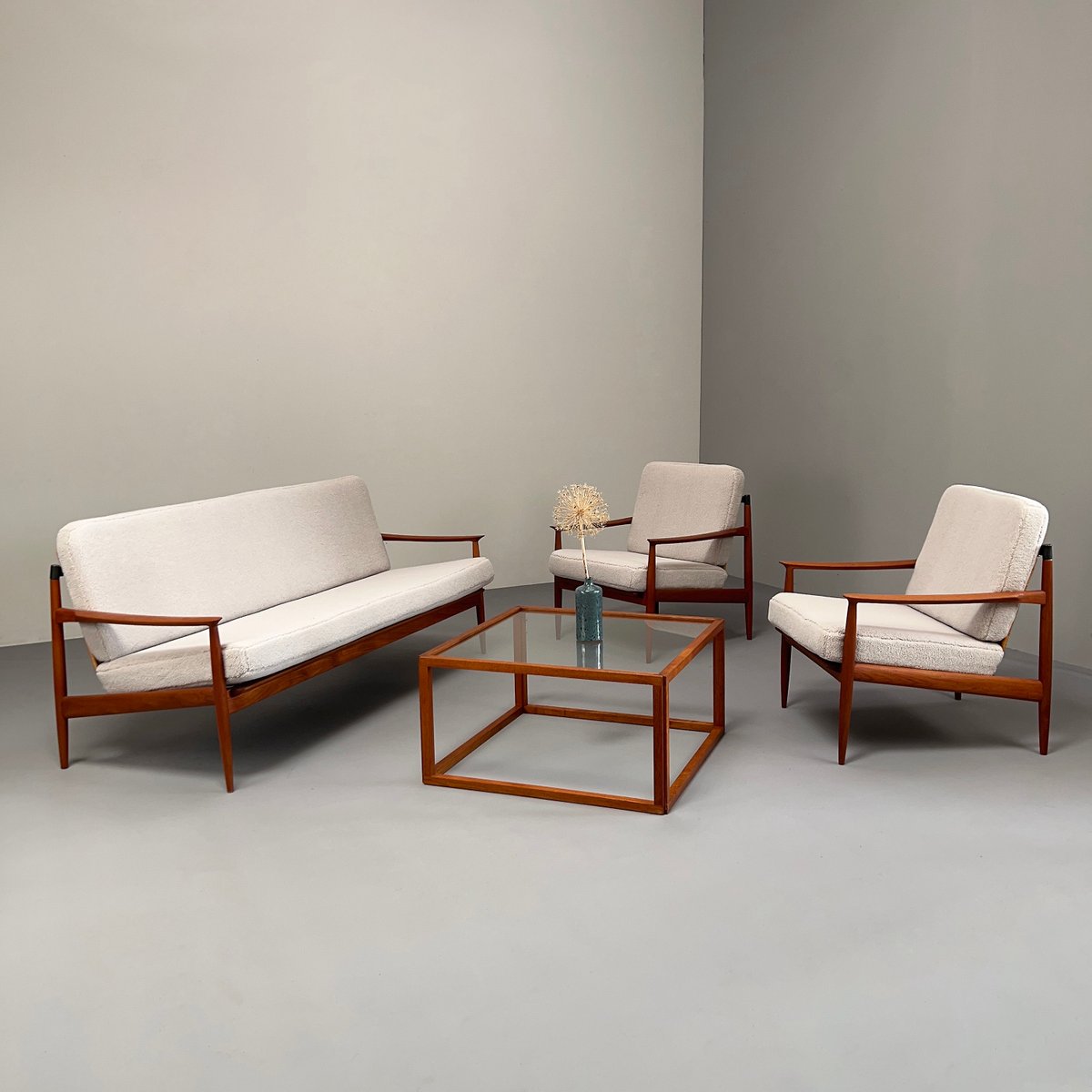 Teak Armchairs with Rattan Backrests & Bouclé Covers by Carl Straub / Goldfeder, Germany 1960s, Set of 2