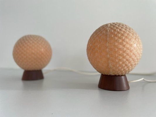 Teak Ball Bedside Lamps with Fabric Shades from Temde, Germany, 1960s, Set of 2-RDS-1725999