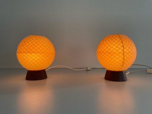 Teak Ball Bedside Lamps with Fabric Shades from Temde, Germany, 1960s, Set of 2-RDS-1725999