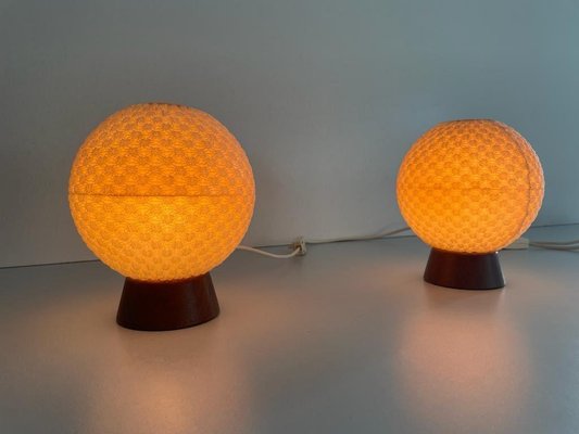 Teak Ball Bedside Lamps with Fabric Shades from Temde, Germany, 1960s, Set of 2-RDS-1725999