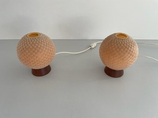 Teak Ball Bedside Lamps with Fabric Shades from Temde, Germany, 1960s, Set of 2-RDS-1725999