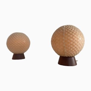 Teak Ball Bedside Lamps with Fabric Shades from Temde, Germany, 1960s, Set of 2-RDS-1725999