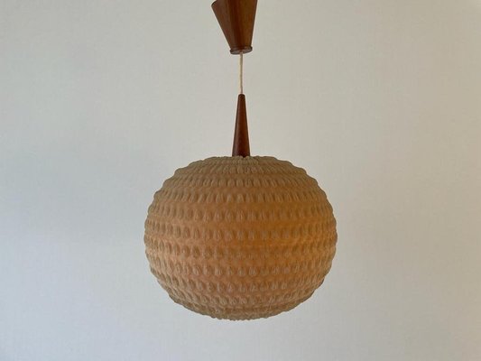 Teak Ball Ceiling Lamp with Fabric Shade from Temde, Switzerland, 1960s-RDS-1725994