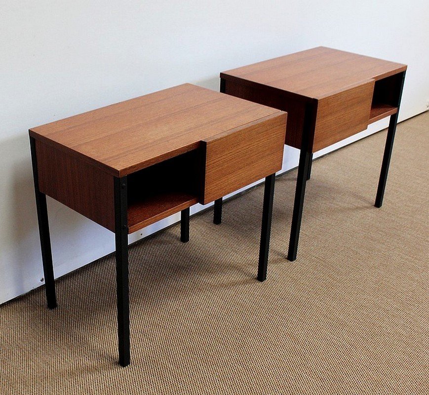 Teak Bedside or End Tables in the Style of Minvielle, 1960s, Set of 2