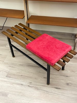 Teak Bench with Red Pillow, 1960s-JHL-1153222