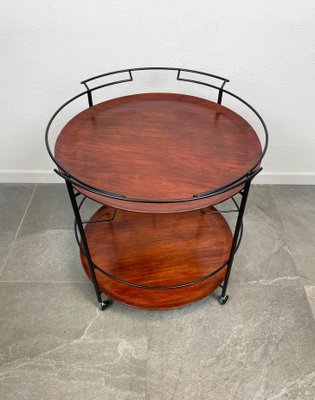 Teak & Black Metal Round Serving Cart Tray, Italy, 1960s-LYQ-1171494