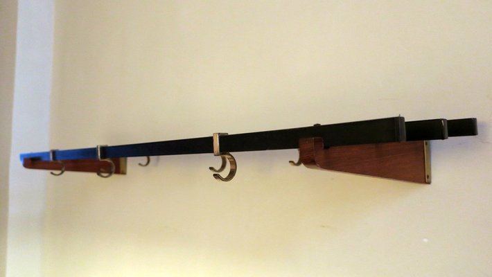 Teak, Brass and Black Metal Coat and Hat Rack, 1960s-ED-1820605