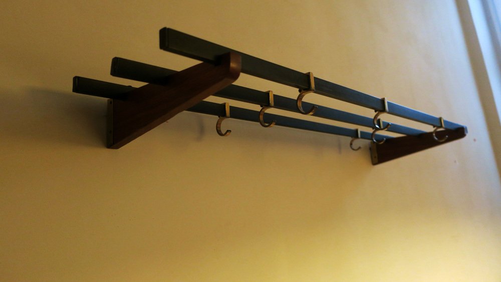 Teak, Brass and Black Metal Coat and Hat Rack, 1960s