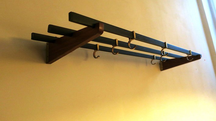 Teak, Brass and Black Metal Coat and Hat Rack, 1960s-ED-1820605