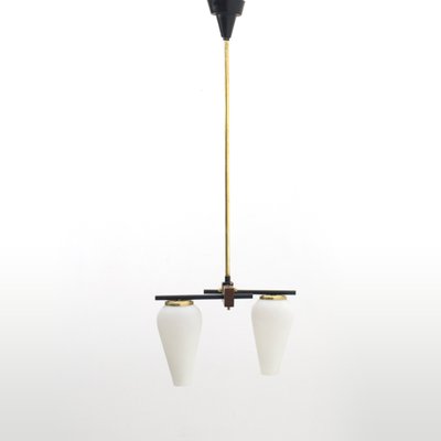 Teak, Brass and Opal Glass Chandelier, 1960s-EZ-864167