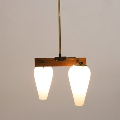 Teak, Brass and Opal Glass Chandelier, 1960s-EZ-864167