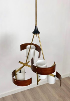 Teak, Brass & Opaline Glass Chandelier Pendant from Stilnovo, Italy, 1960s-LYQ-1171817