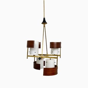 Teak, Brass & Opaline Glass Chandelier Pendant from Stilnovo, Italy, 1960s-LYQ-1171817