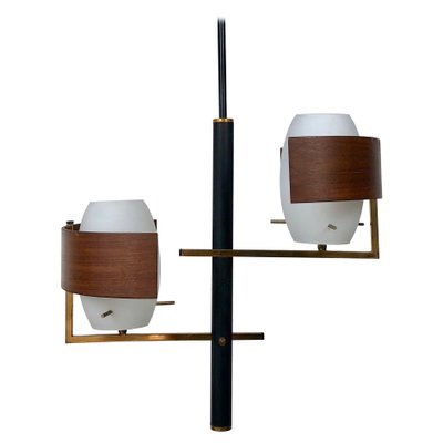 Teak, Brass & Opaline Glass Pendant Light, Italy, 1960s-LYQ-1171576