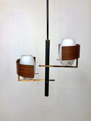 Teak, Brass & Opaline Glass Pendant Light, Italy, 1960s-LYQ-1171576