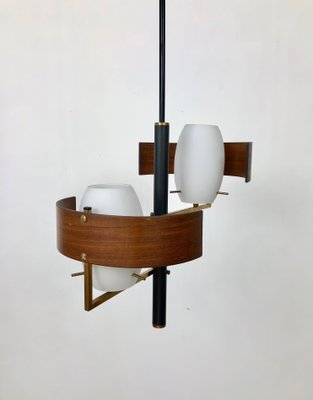 Teak, Brass & Opaline Glass Pendant Light, Italy, 1960s-LYQ-1171576