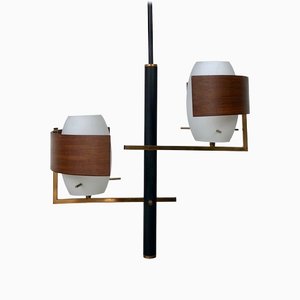 Teak, Brass & Opaline Glass Pendant Light, Italy, 1960s-LYQ-1171576