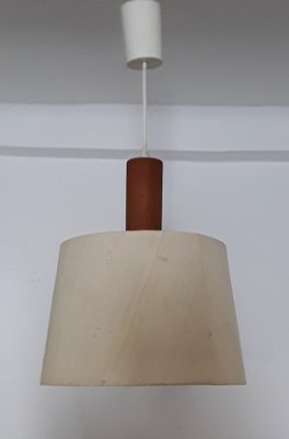 Teak Ceiling Lamp with Beige Wool Shade, 1970s-HOI-845252