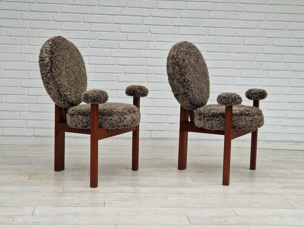 Teak Danish Model Medalie Armchairs in Sheepskin and Teak by Bent Møller Jepsen, 1960s, Set of 2