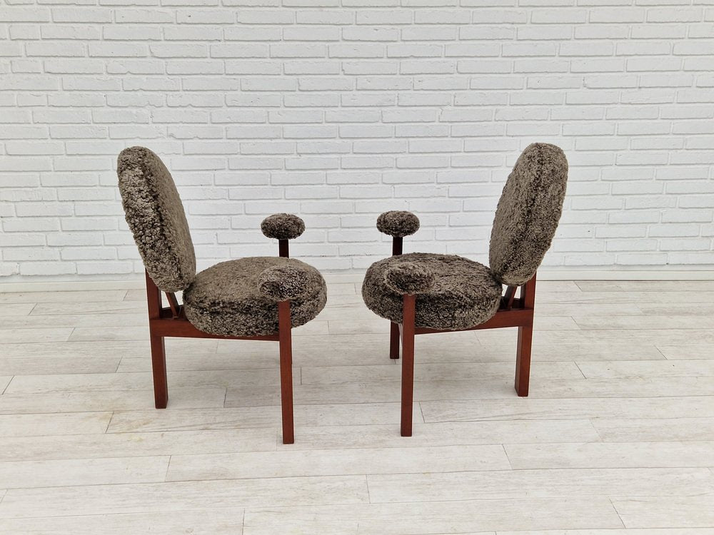 Teak Danish Model Medalie Armchairs in Sheepskin and Teak by Bent Møller Jepsen, 1960s, Set of 2